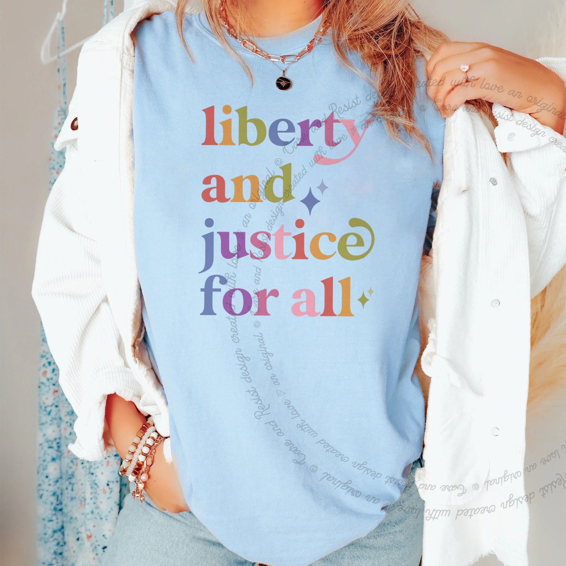 Liberty and Justice for All Care & Resist rainbow Comfort Colors tee, Chambray