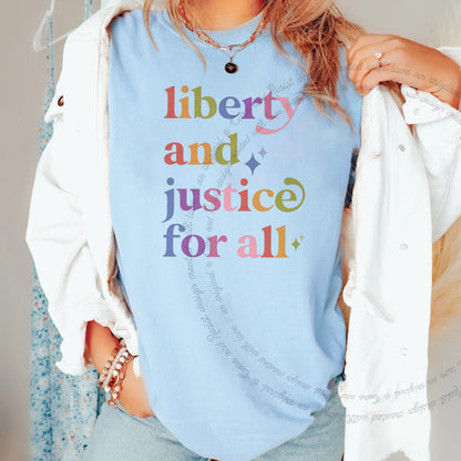 Liberty and Justice for All Care & Resist rainbow Comfort Colors tee, Chambray