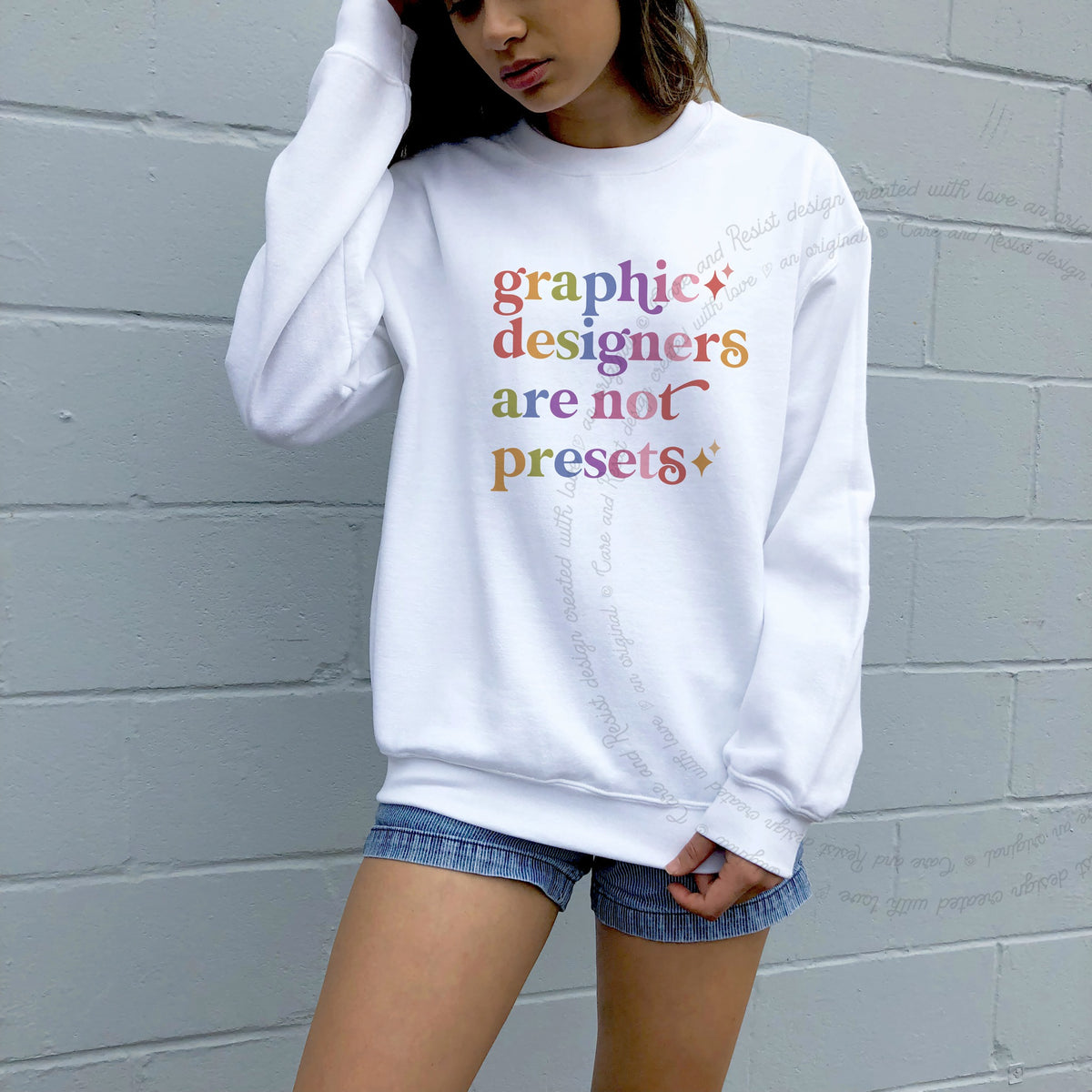Graphic Designers are not Presets Care & Resist Gildan crewneck sweatshirt in White