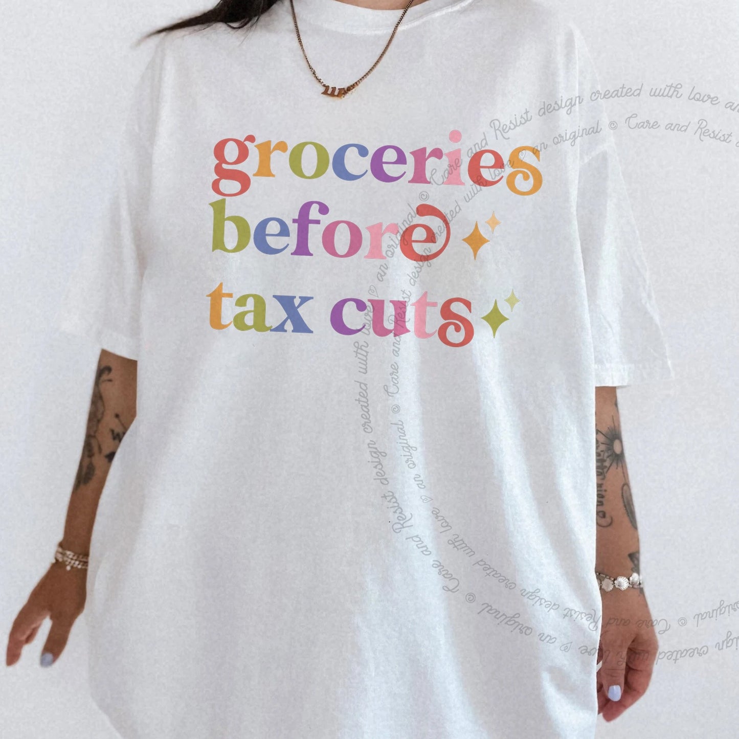 Groceries Before Tax Cuts Care & Resist rainbow Comfort Colors tee, White