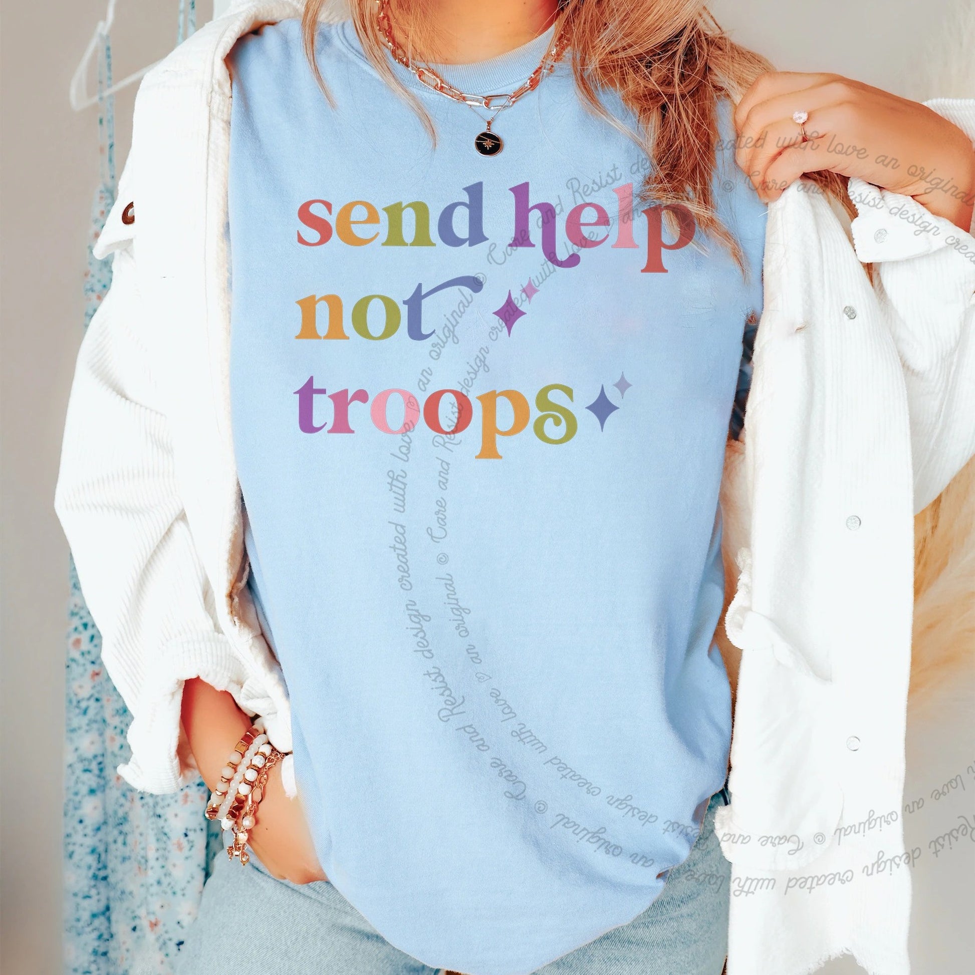 Send Help not Troops Care & Resist rainbow Comfort Colors tee, Chambray