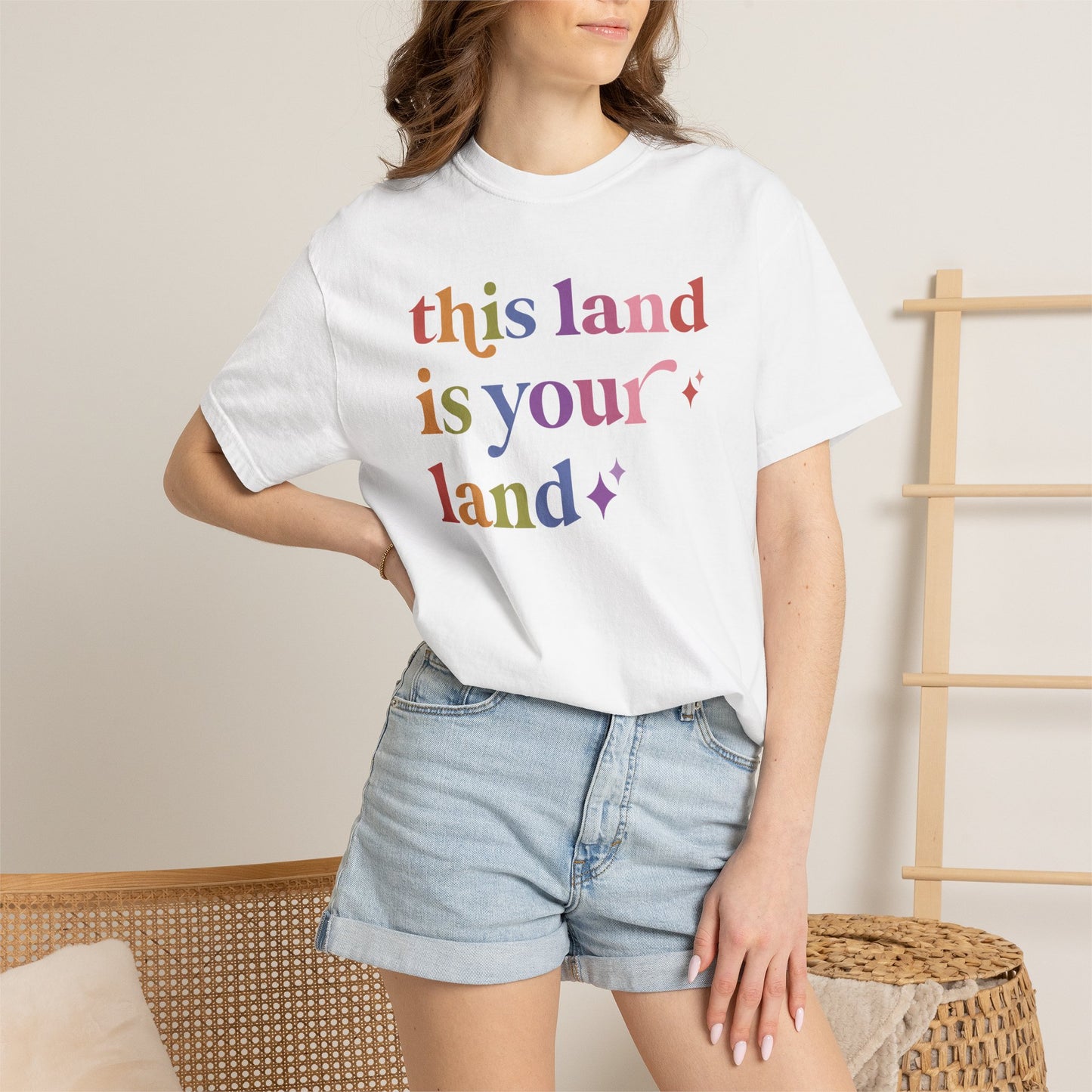 This Land is Your Land Care & Resist rainbow Comfort Colors tee