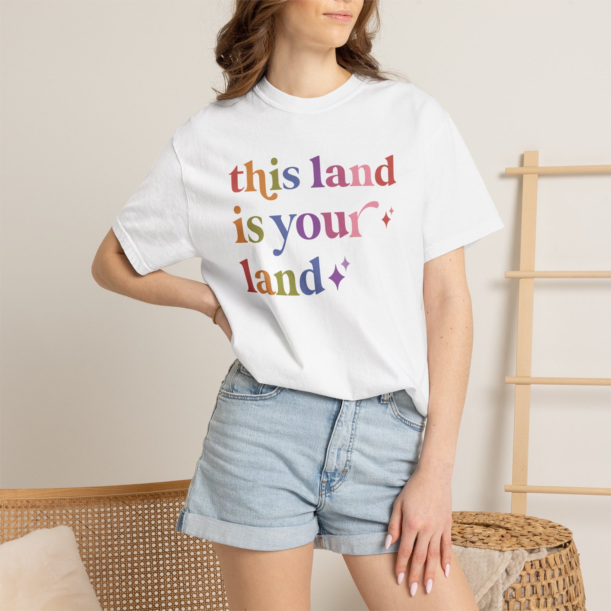This Land is Your Land Care & Resist rainbow Comfort Colors tee