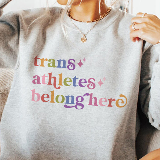 Trans Athletes Belong Here Care & Resist Gildan crewneck sweatshirt in Sport Grey