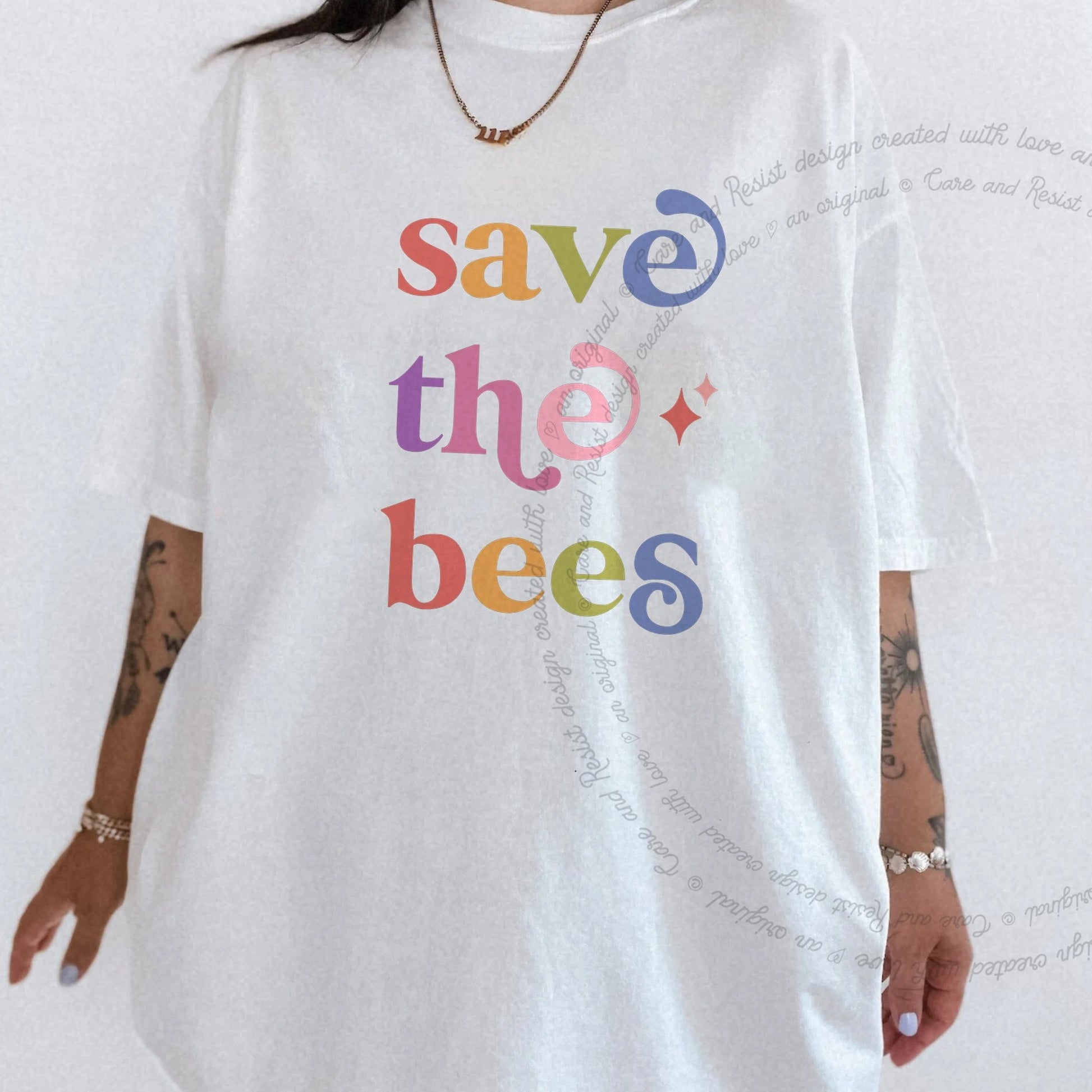 Save the Bees Care & Resist rainbow Comfort Colors tee, White