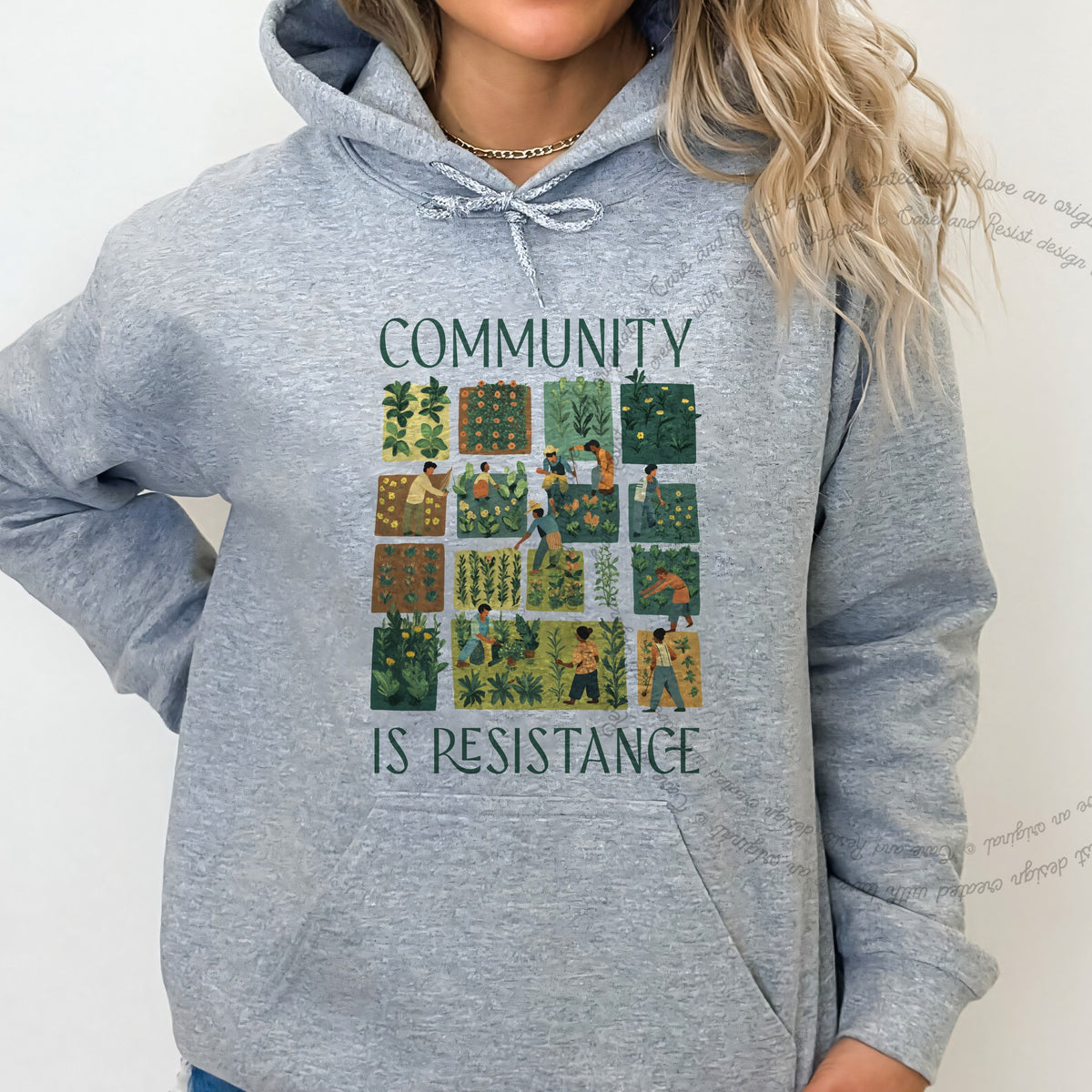 Community Is Resistance Garden Squares Care & Resist Gildan hoodie in Sport Grey