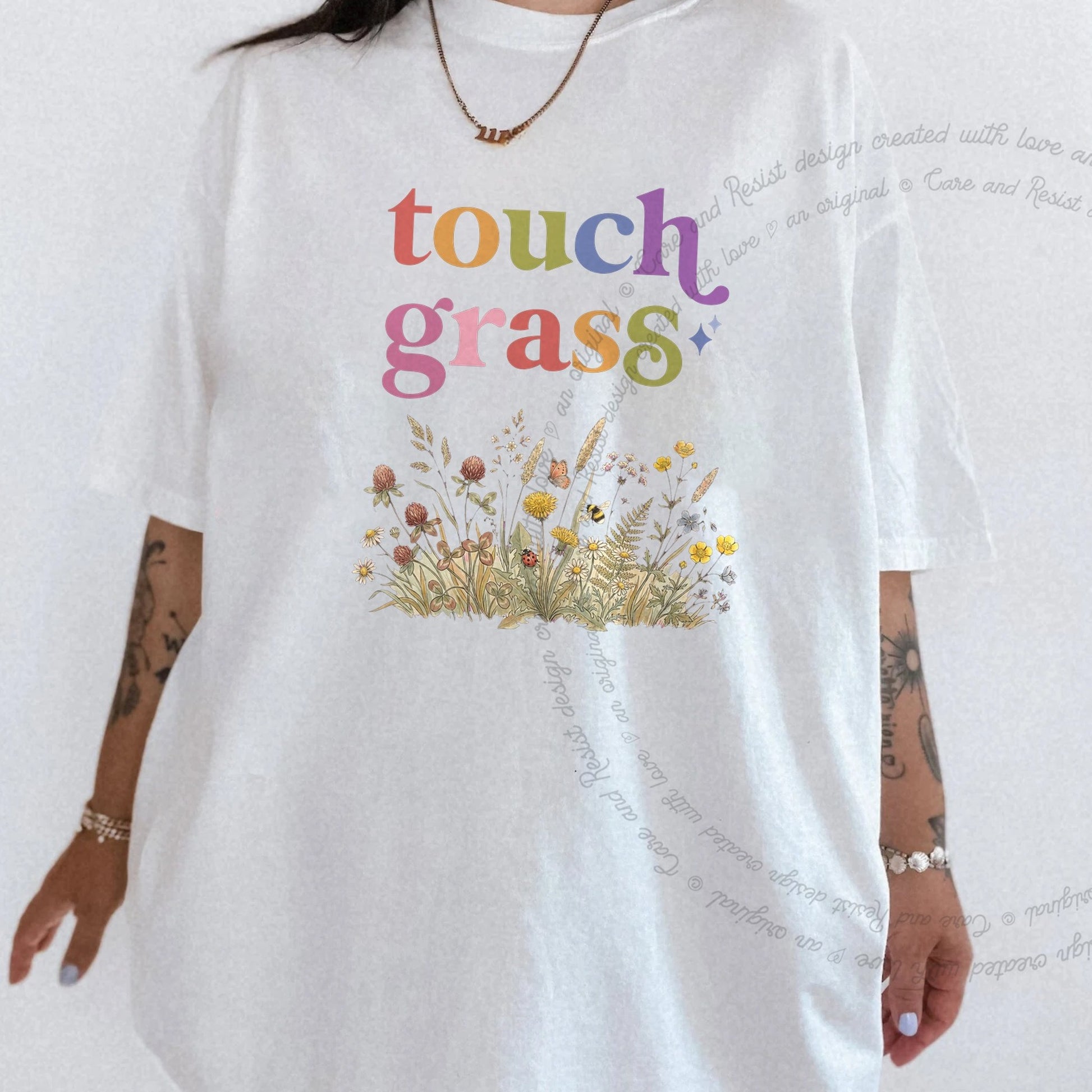 Touch Grass Care & Resist rainbow Comfort Colors tee, White