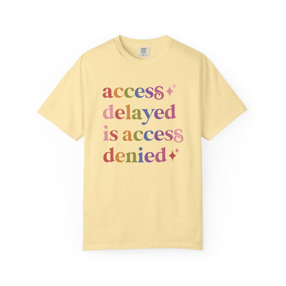 Access Delayed is Access Denied Care & Resist rainbow Comfort Colors tee