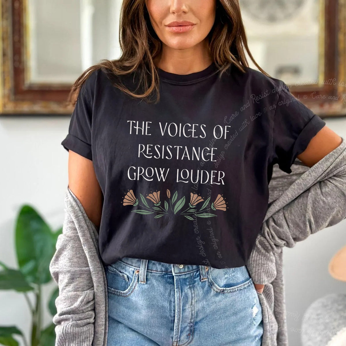 The Voices of Resistance Grow Louder Care & Resist progressive t-shirt in Black
