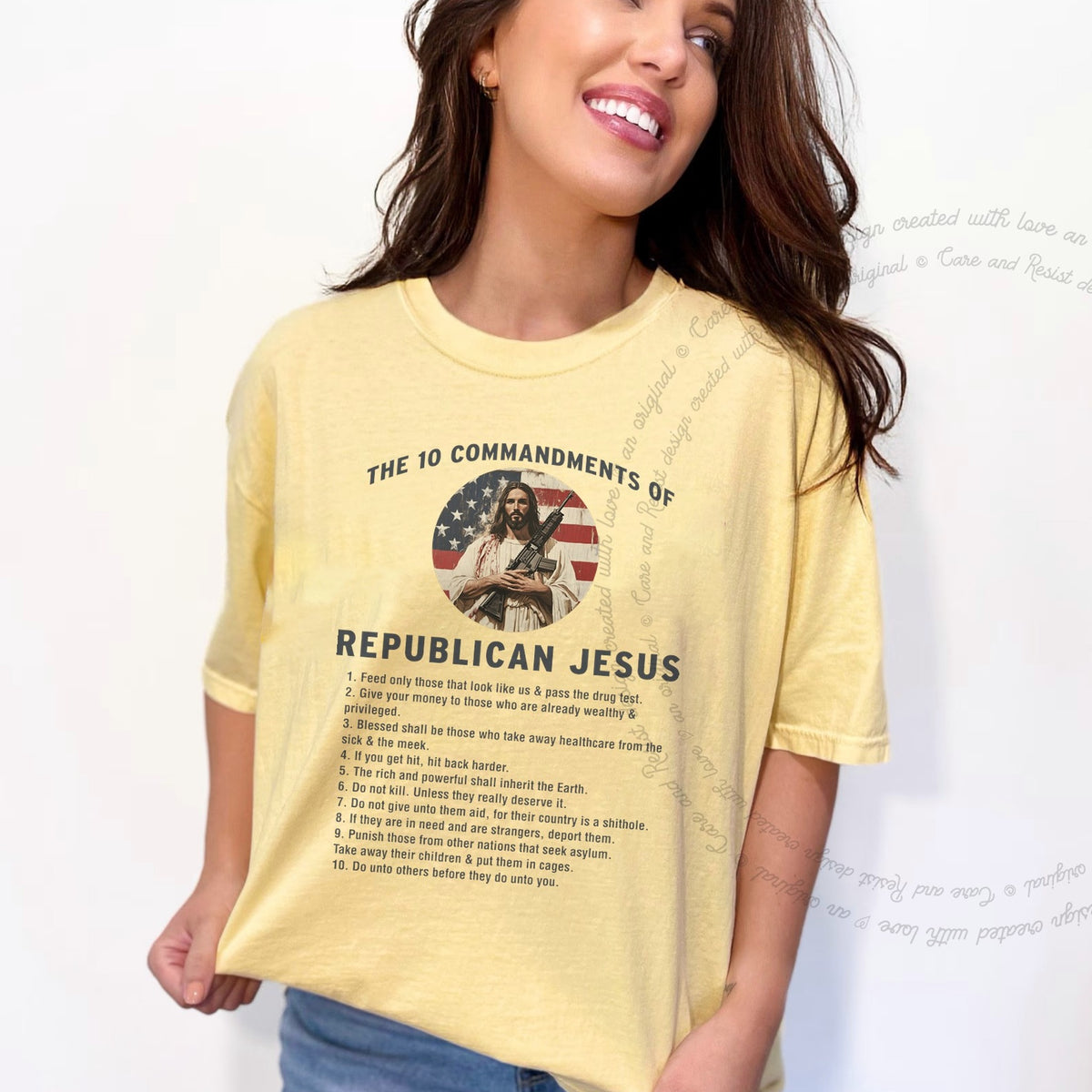 The 10 Commandments of Republican Jesus Care & Resist progressive t-shirt in Banana