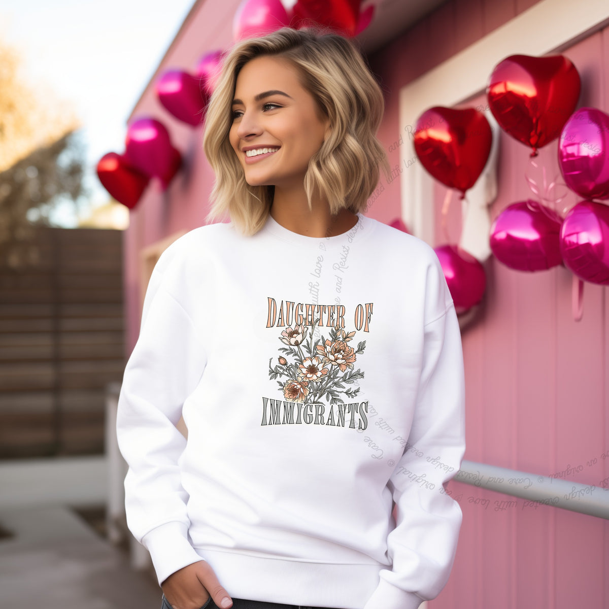 Daughter of Immigrants Care & Resist Gildan crewneck sweatshirt in White