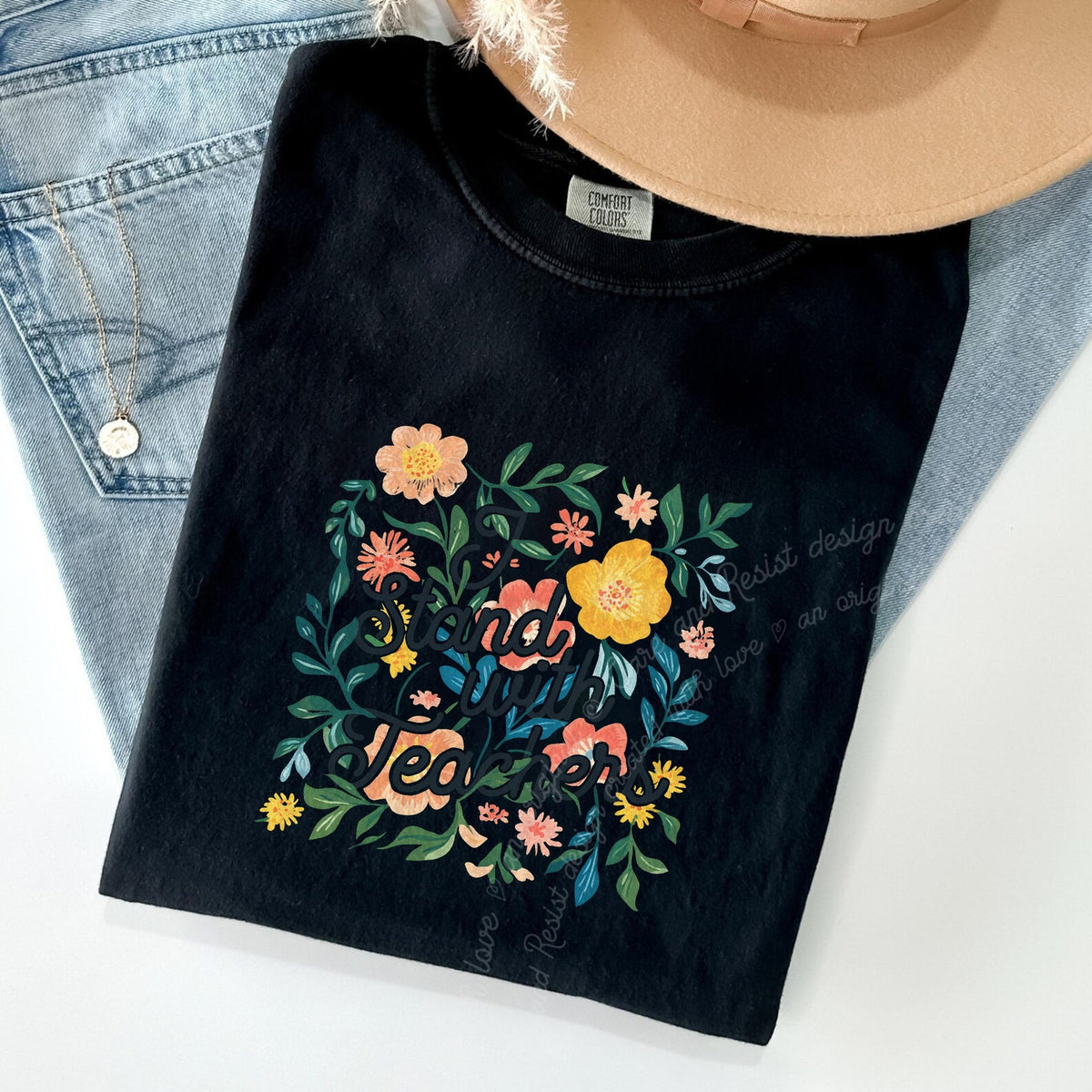 I Stand With Teachers Care & Resist progressive t-shirt in Black