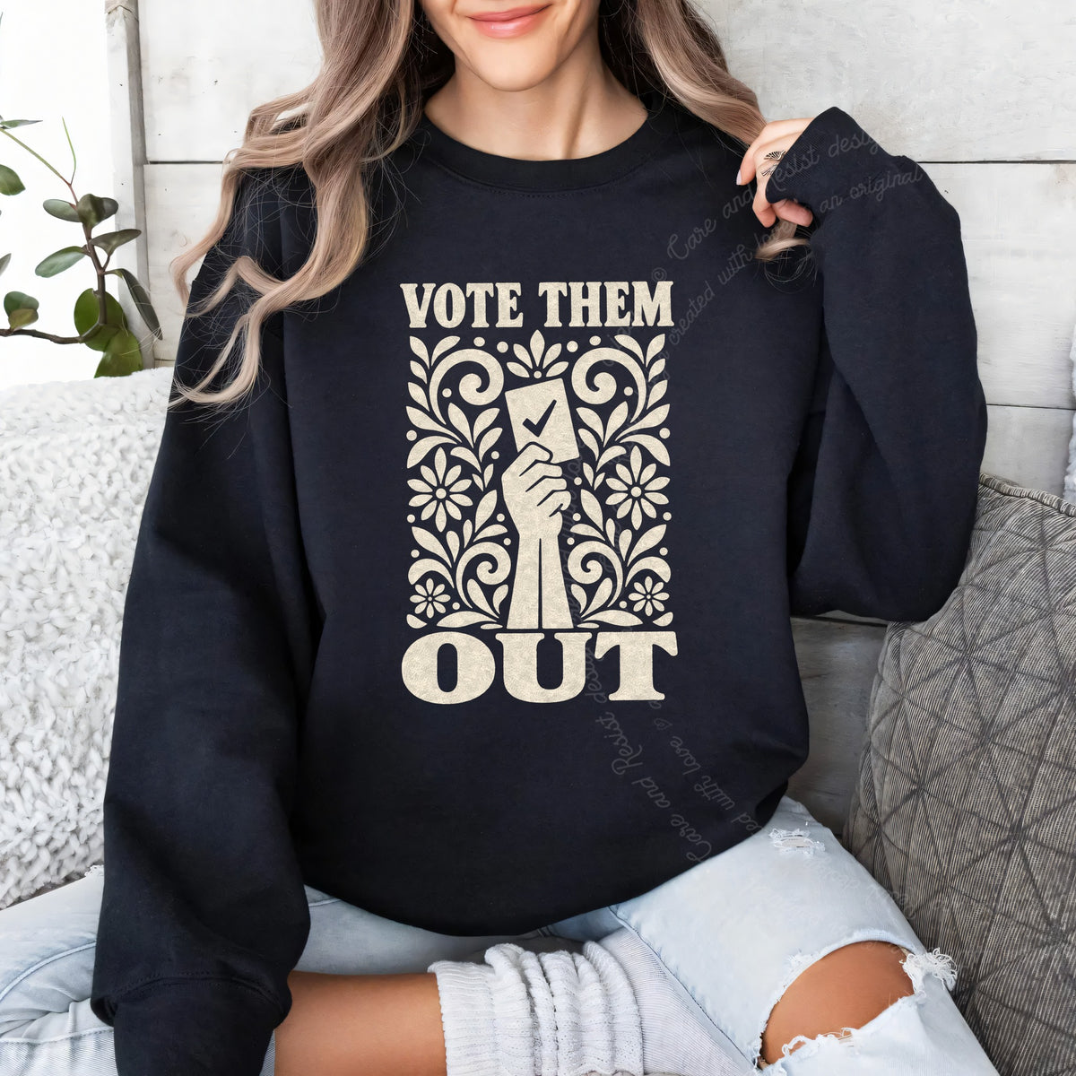 Vote Them Out Ballot Linocut Care & Resist Gildan crewneck sweatshirt in Black
