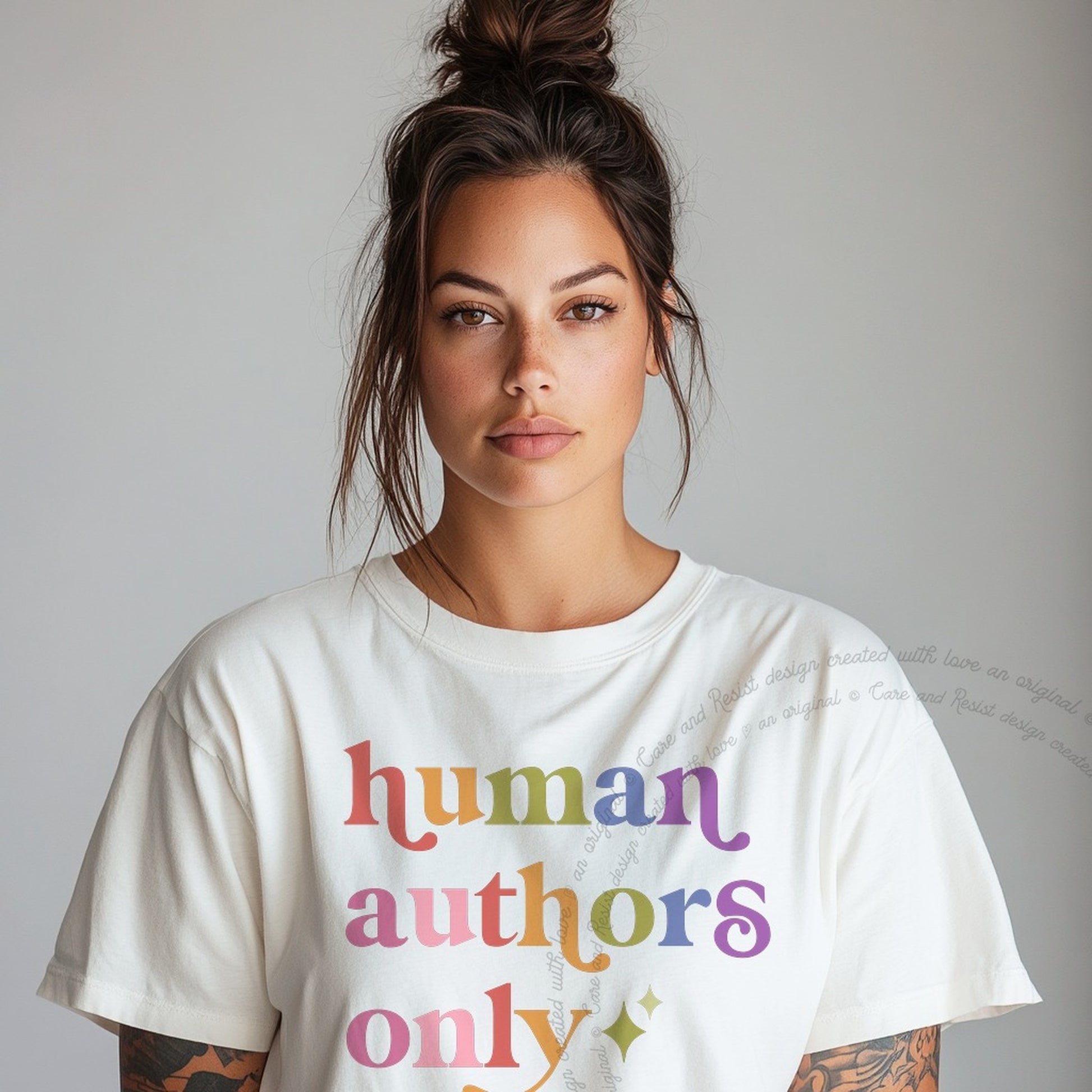 Human Authors Only Care & Resist rainbow tee
