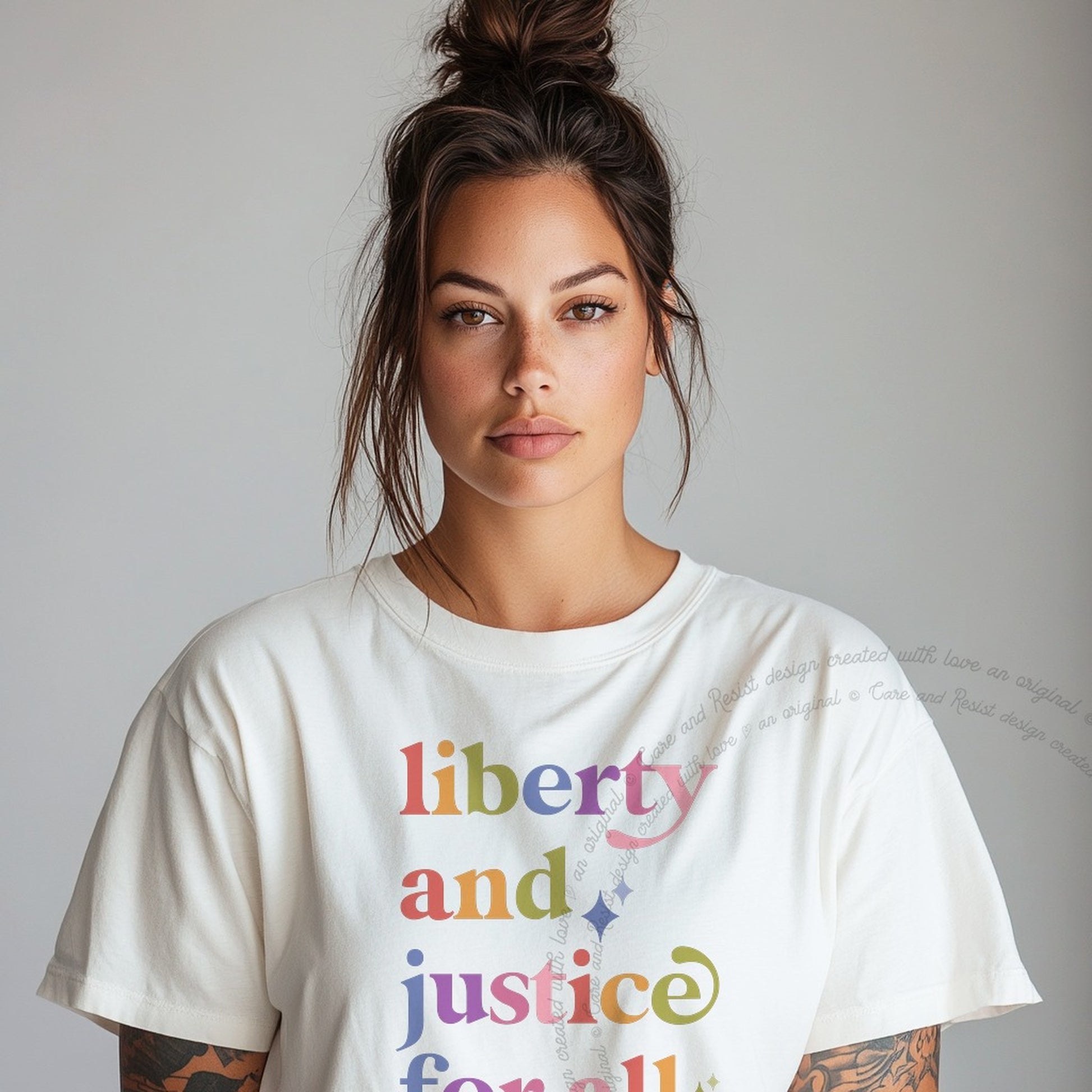Liberty and Justice for All Care & Resist rainbow Comfort Colors tee, White