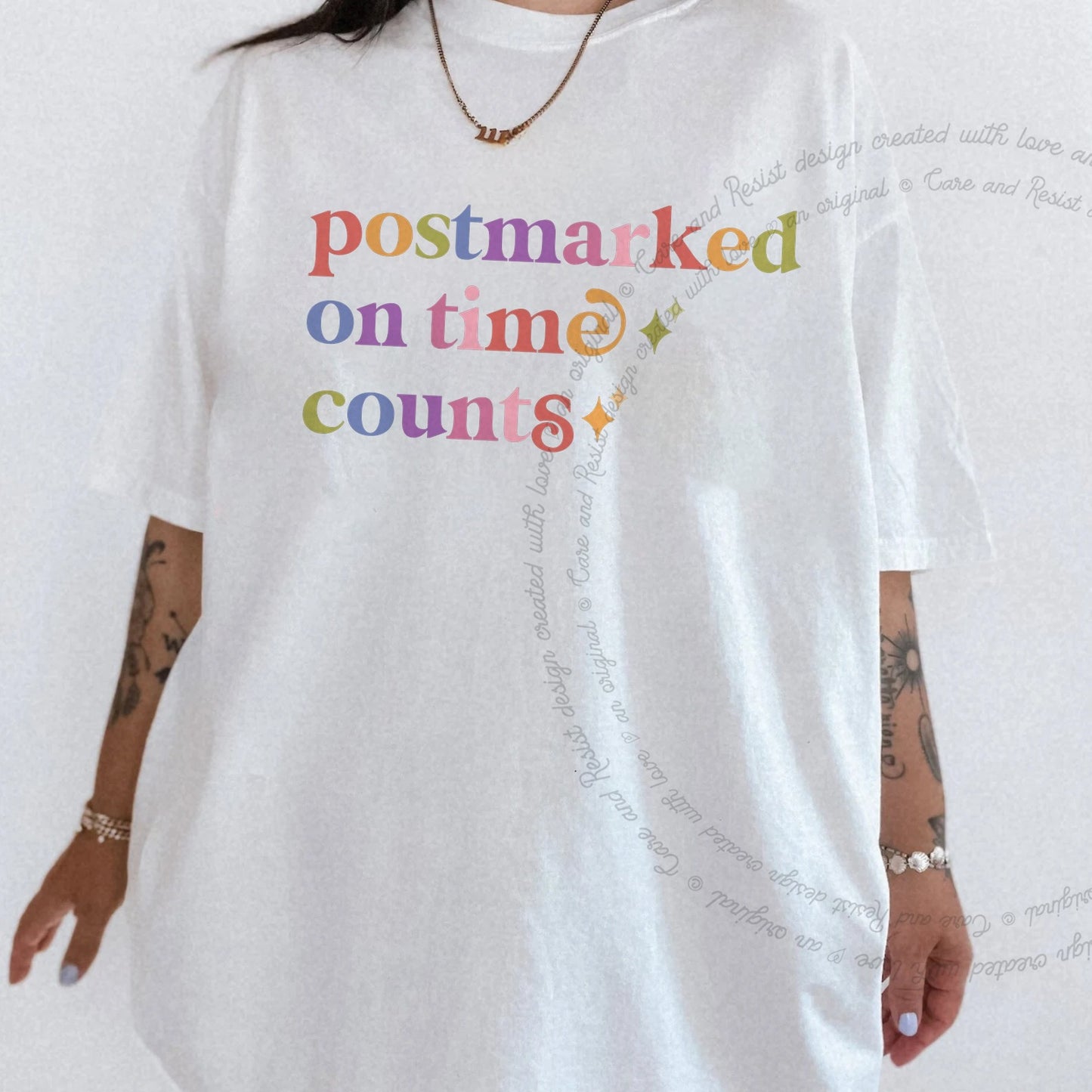 Postmarked on Time Counts Care & Resist rainbow Comfort Colors tee, White