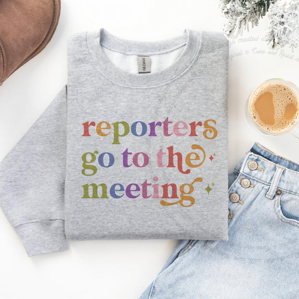 Reporters Go to the Meeting Care & Resist Gildan crewneck sweatshirt in Sport Grey