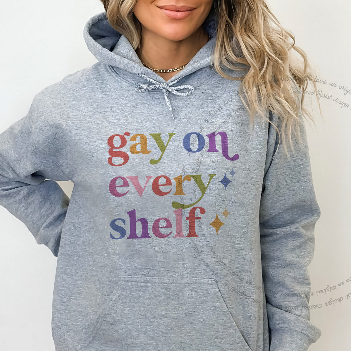Gay on Every Shelf Care & Resist Gildan hoodie in Sport Grey