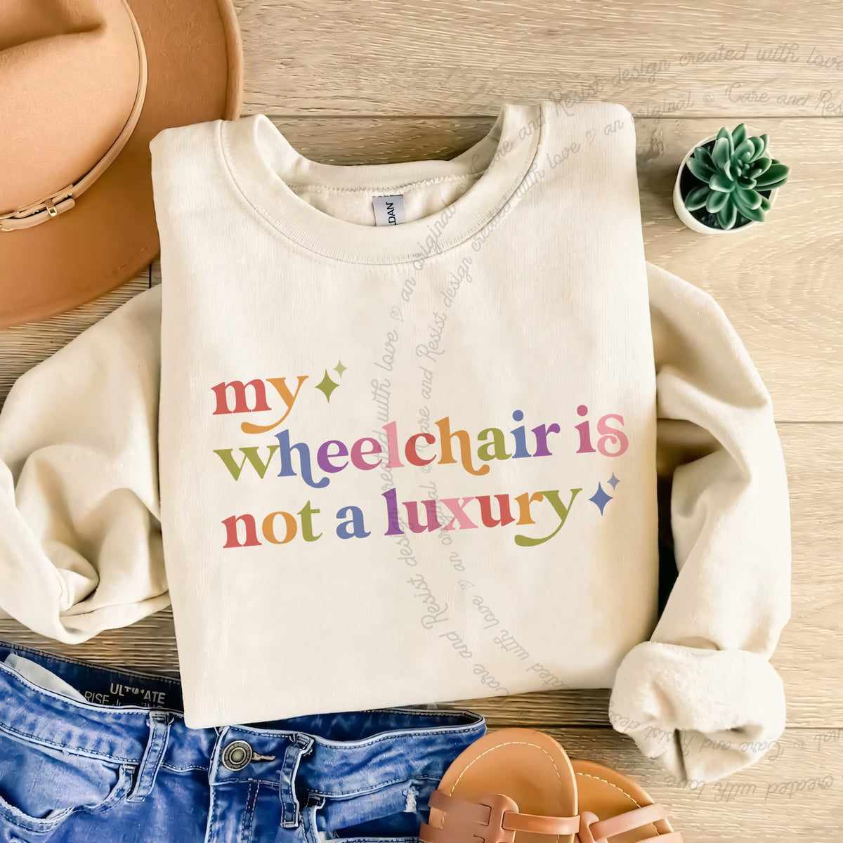 My Wheelchair is not a Luxury Care & Resist Gildan crewneck sweatshirt in Sand
