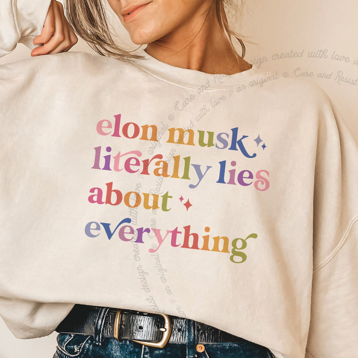 Elon Musk Literally Lies About Everything Care & Resist Gildan crewneck sweatshirt in Sand