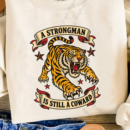 A Strongman is Still a Coward Tiger Care & Resist Gildan crewneck sweatshirt in Sand