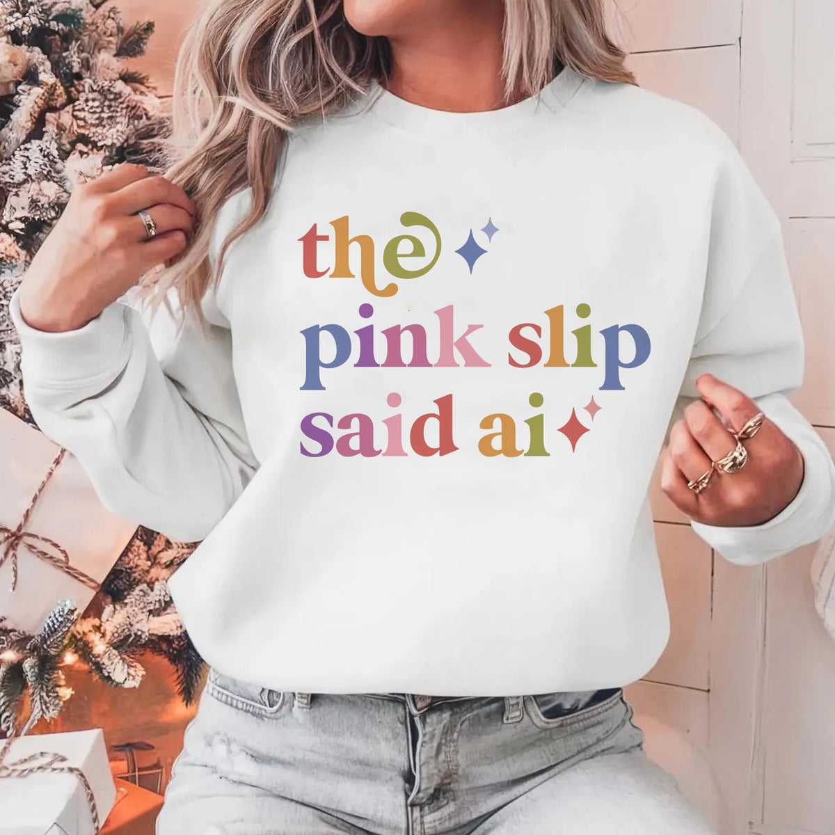 The Pink Slip Said Ai Care & Resist Gildan crewneck sweatshirt in White