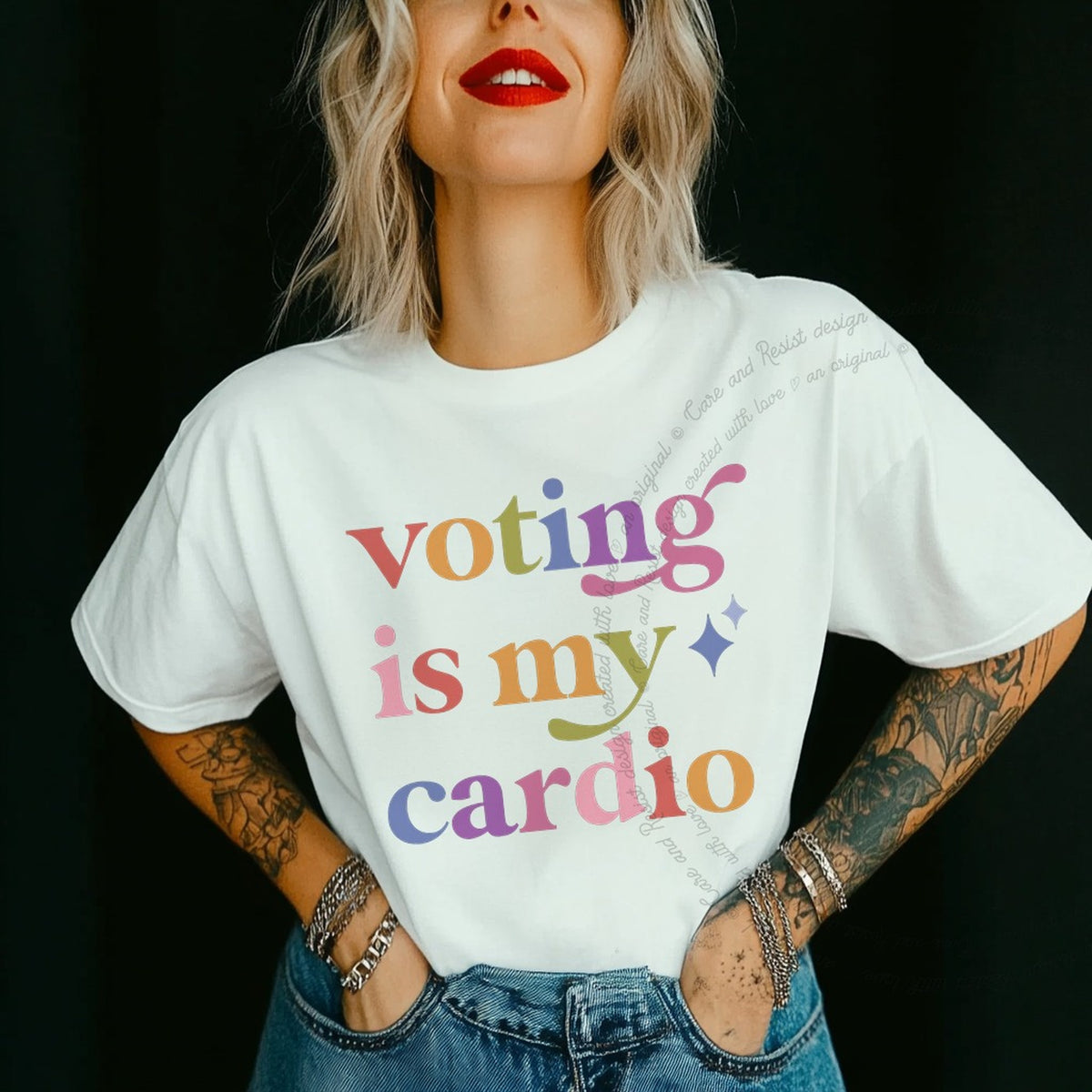 Voting is My Cardio Care & Resist rainbow tee