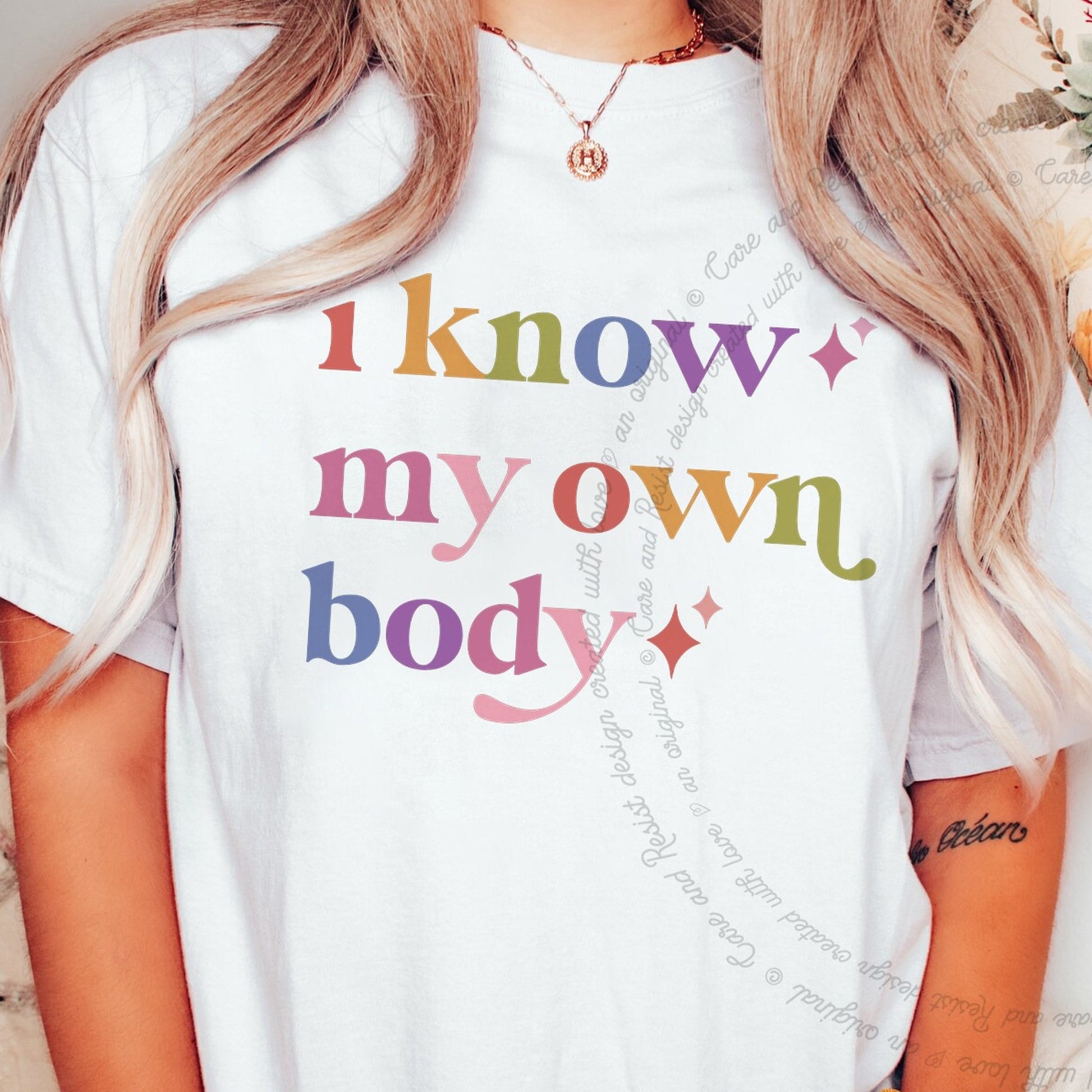I Know My Own Body Care & Resist rainbow Comfort Colors tee, White