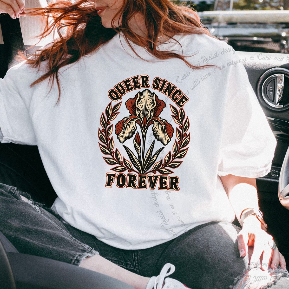 Queer Since Forever Iris Linocut Care & Resist progressive t-shirt in White