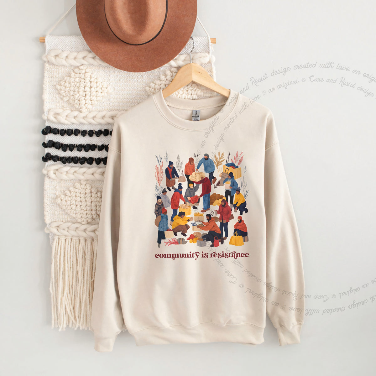 Community is Resistance Retro People Care & Resist Gildan crewneck sweatshirt in Sand