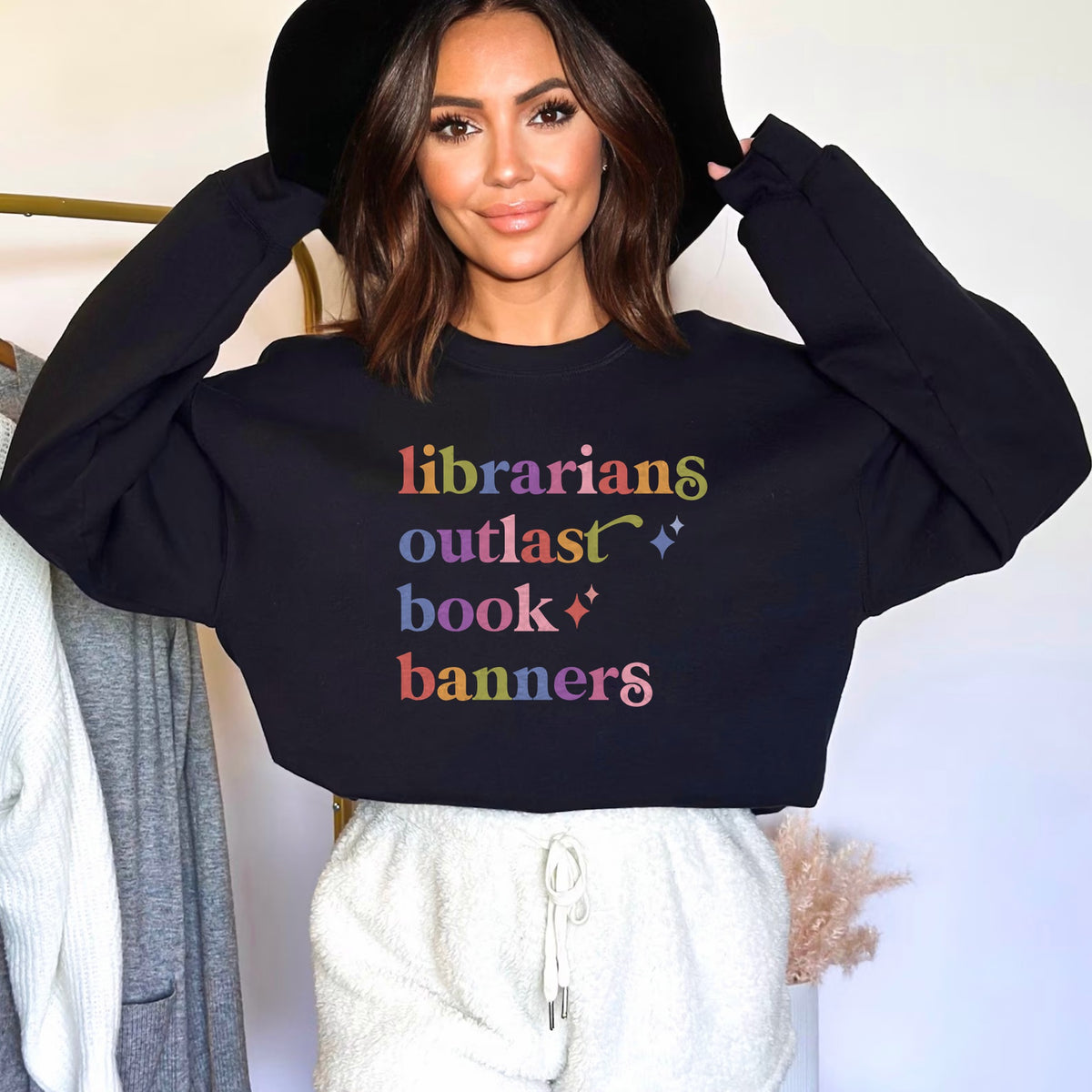Librarians Outlast Book Banners Care & Resist Gildan crewneck sweatshirt in Black