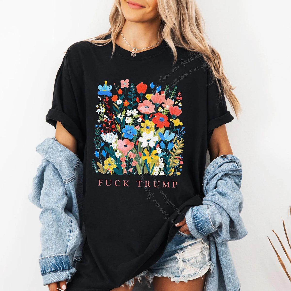 Fuck Trump Floral Care & Resist progressive t-shirt in Black