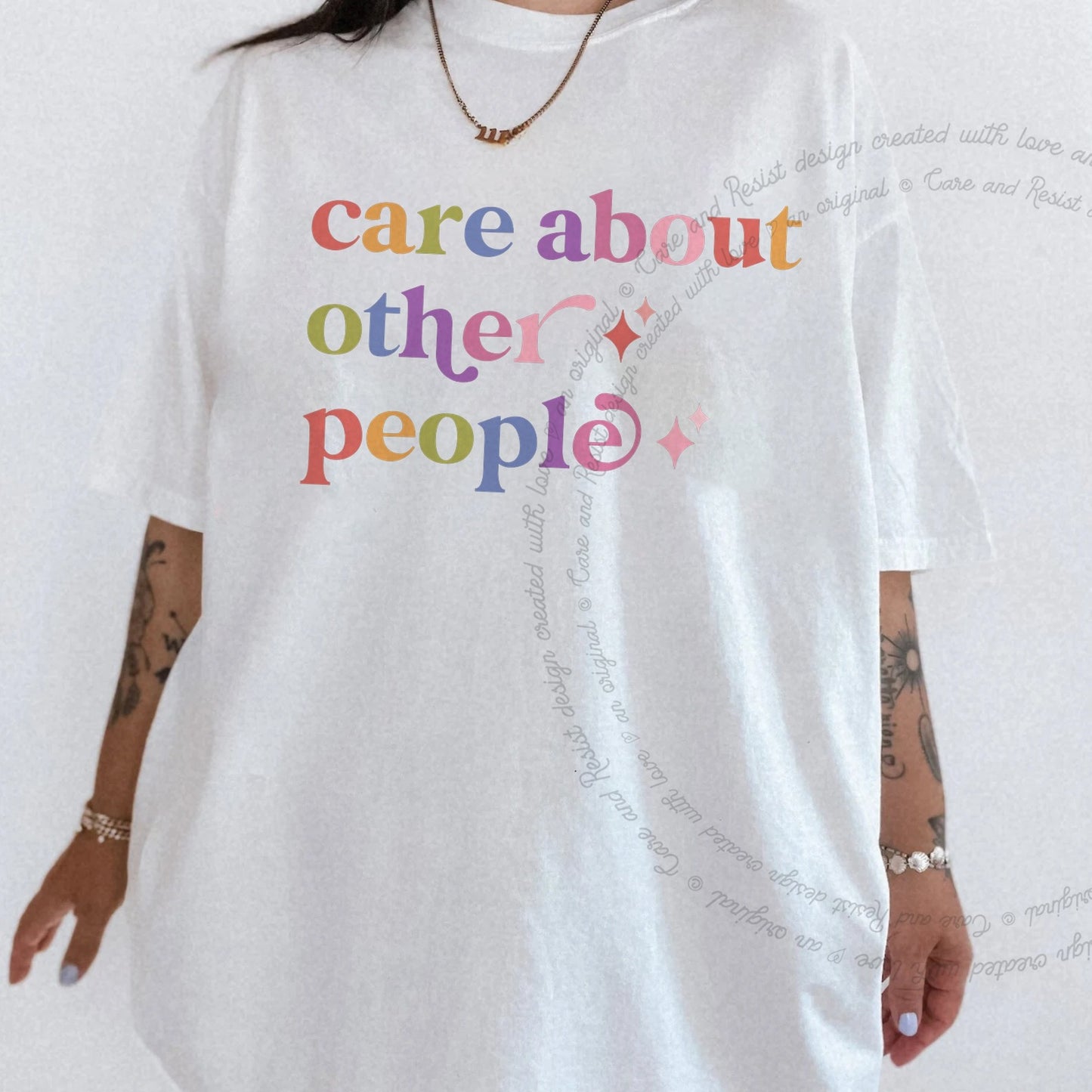 Care About Other People Care & Resist rainbow Comfort Colors tee, White