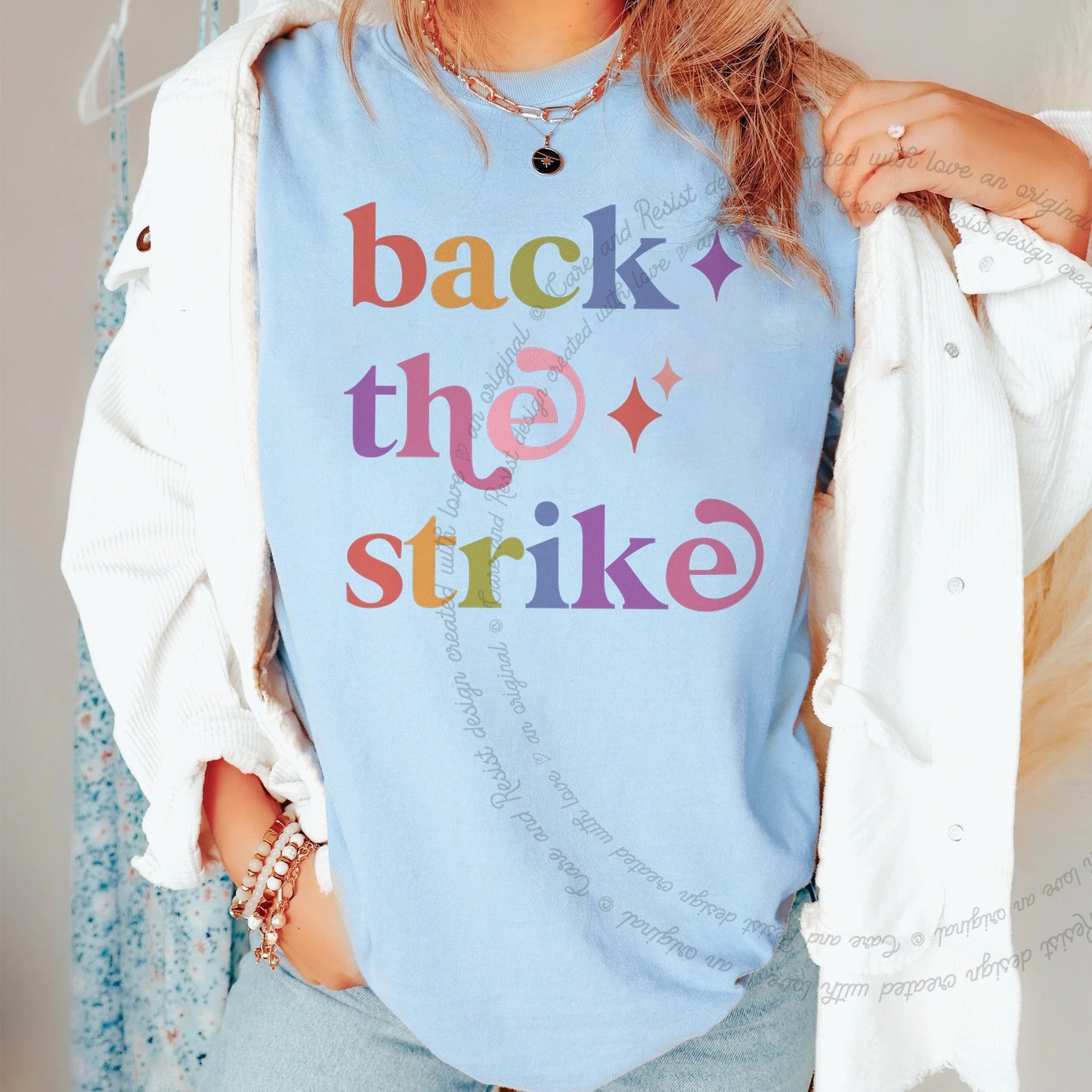 Back the Strike Care & Resist rainbow Comfort Colors tee, Chambray