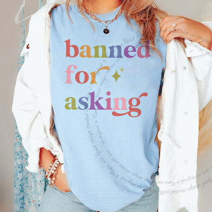 Banned for Asking Care & Resist progressive t-shirt in Chambray