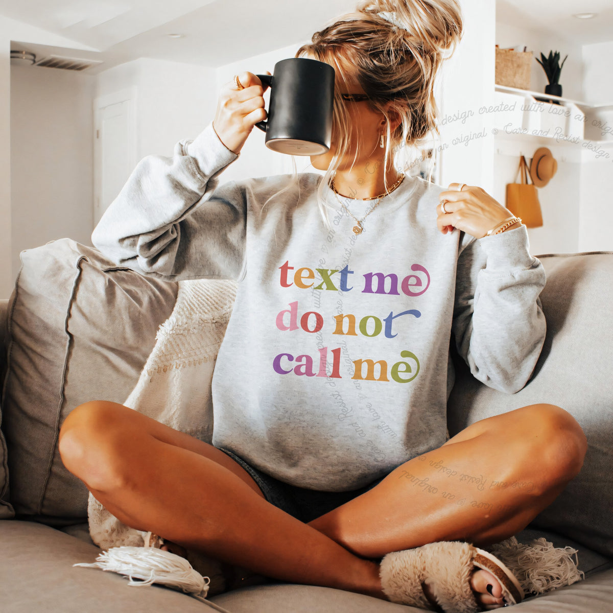 Text Me Do not Call Me Care & Resist Gildan crewneck sweatshirt in Sport Grey