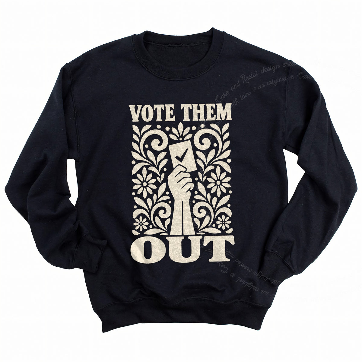 Vote Them Out Ballot Linocut Care & Resist Gildan crewneck sweatshirt in Black