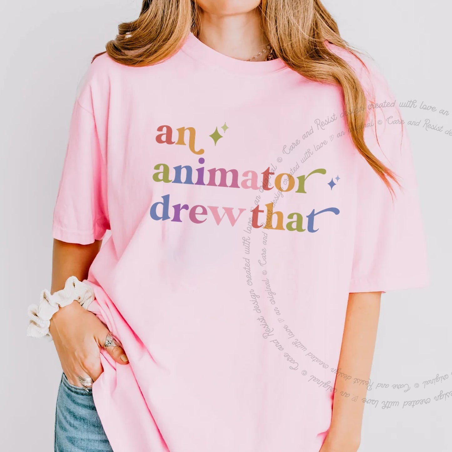 An Animator Drew That Care & Resist rainbow tee