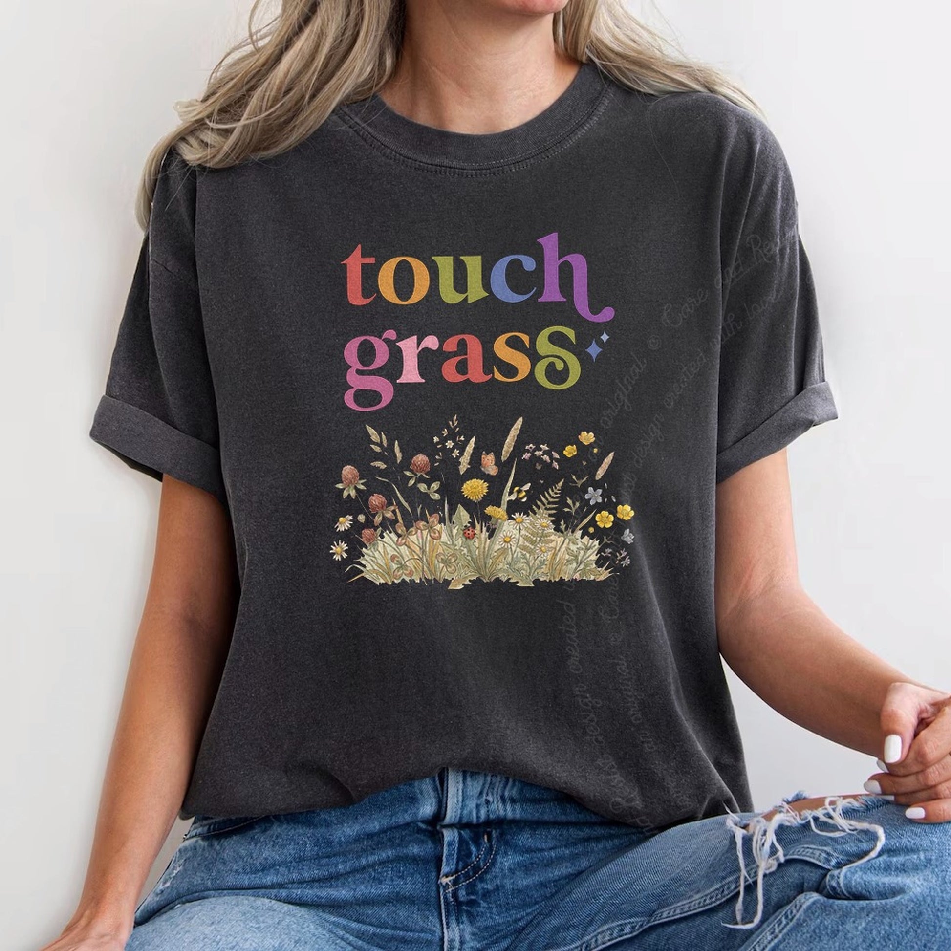Touch Grass Care & Resist rainbow Comfort Colors tee, Graphite