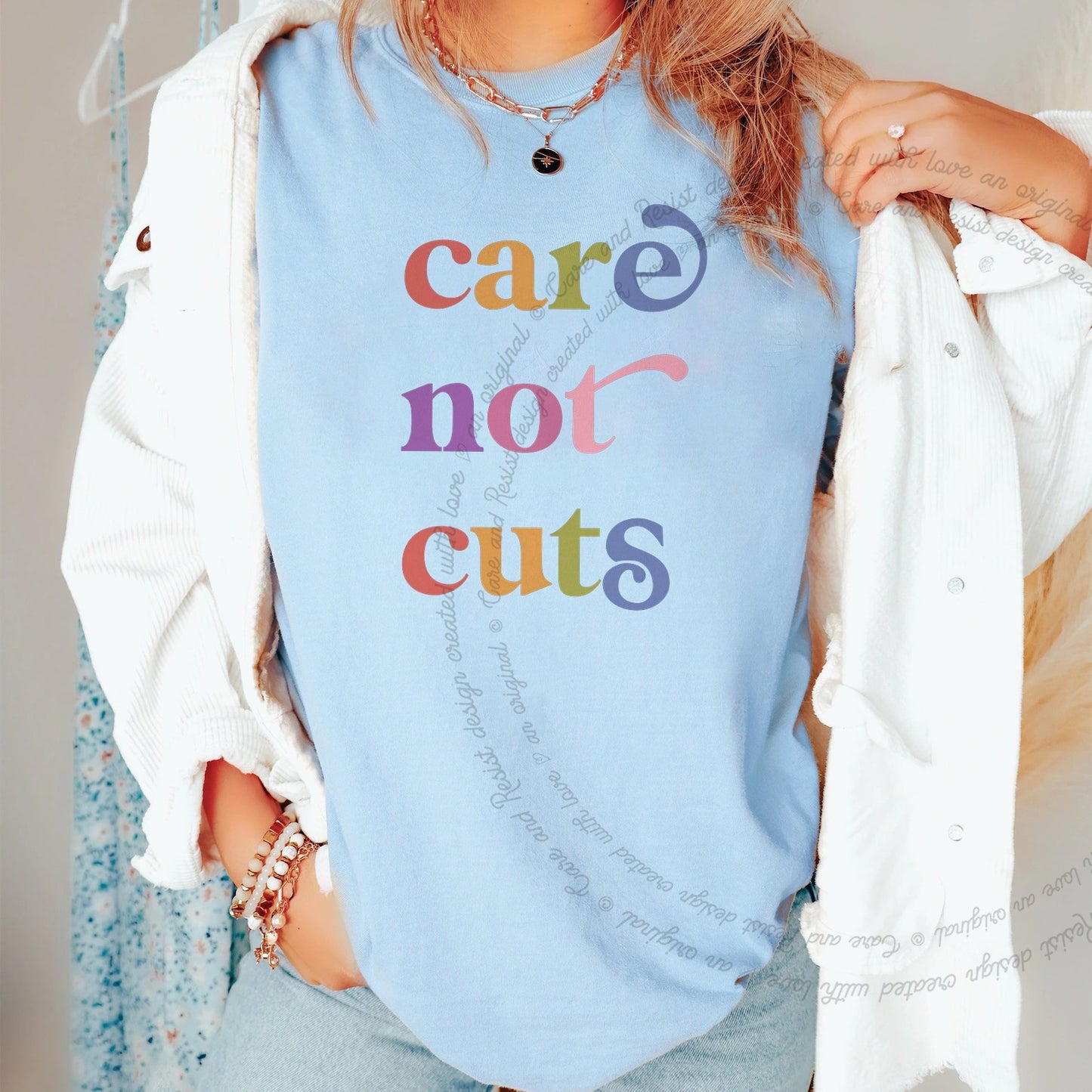 Care not Cuts Care & Resist rainbow Comfort Colors tee, Chambray
