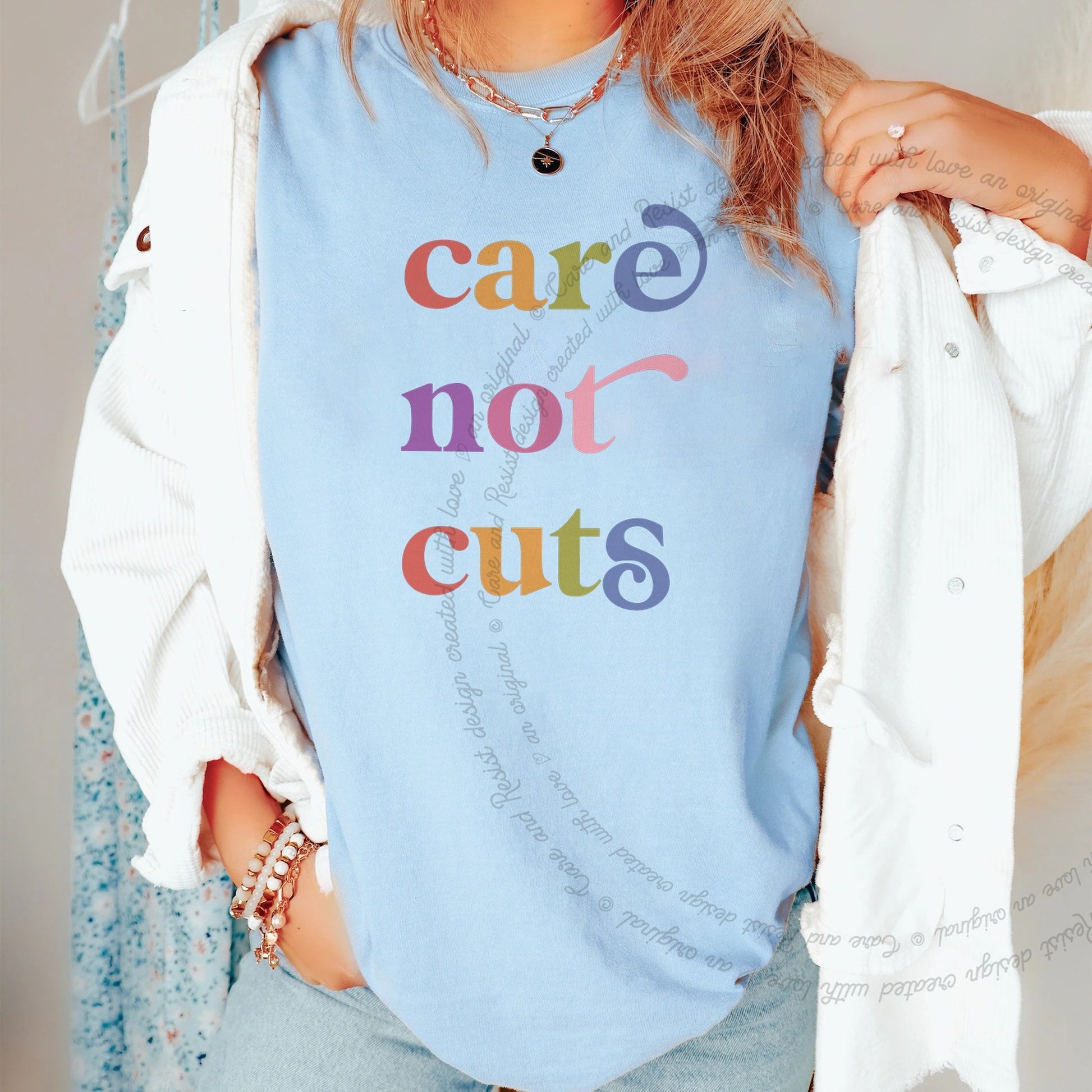 Care not Cuts Care & Resist rainbow Comfort Colors tee, Chambray