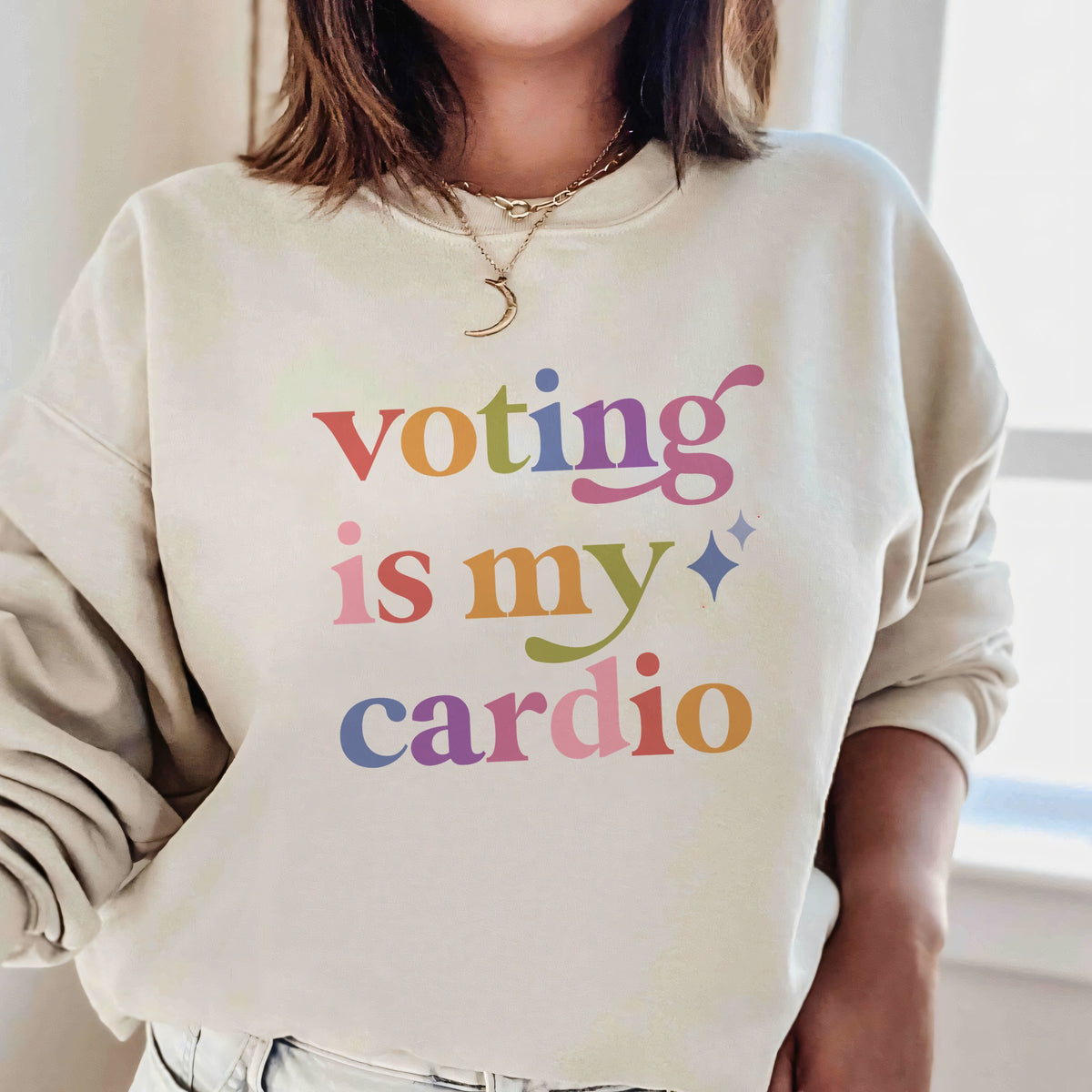 Voting is My Cardio Care & Resist Gildan crewneck sweatshirt in Sand