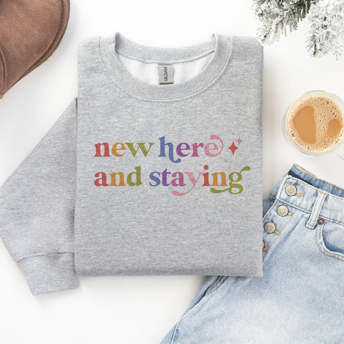 New Here and Staying Care & Resist Gildan crewneck sweatshirt in Sport Grey