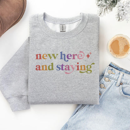 New Here and Staying Care & Resist Gildan crewneck sweatshirt in Sport Grey