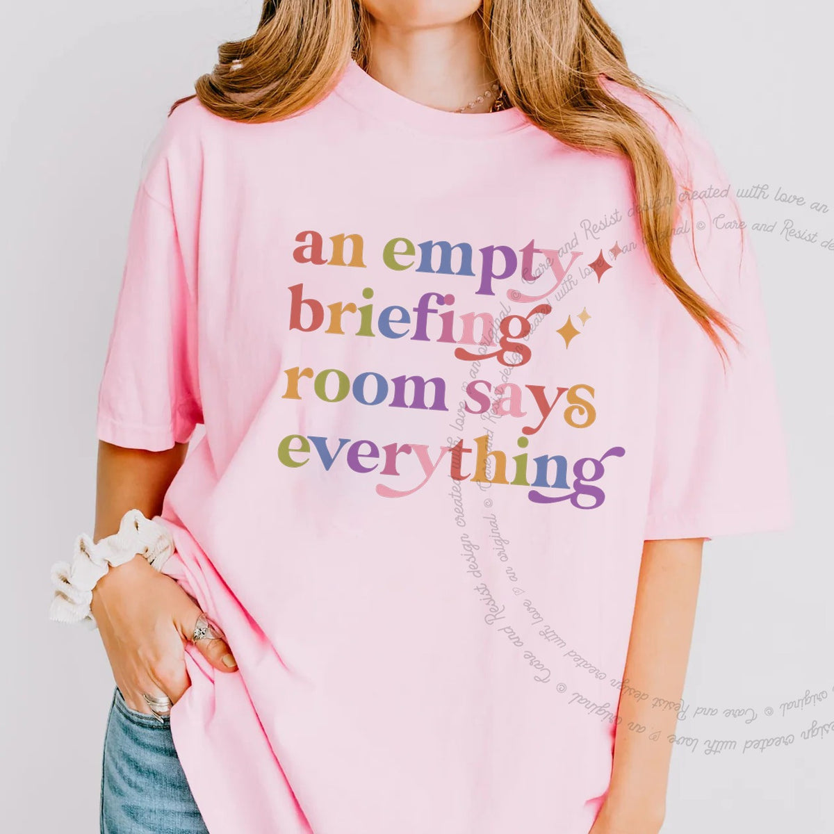 An Empty Briefing Room Says Everything Care & Resist progressive t-shirt in Blossom
