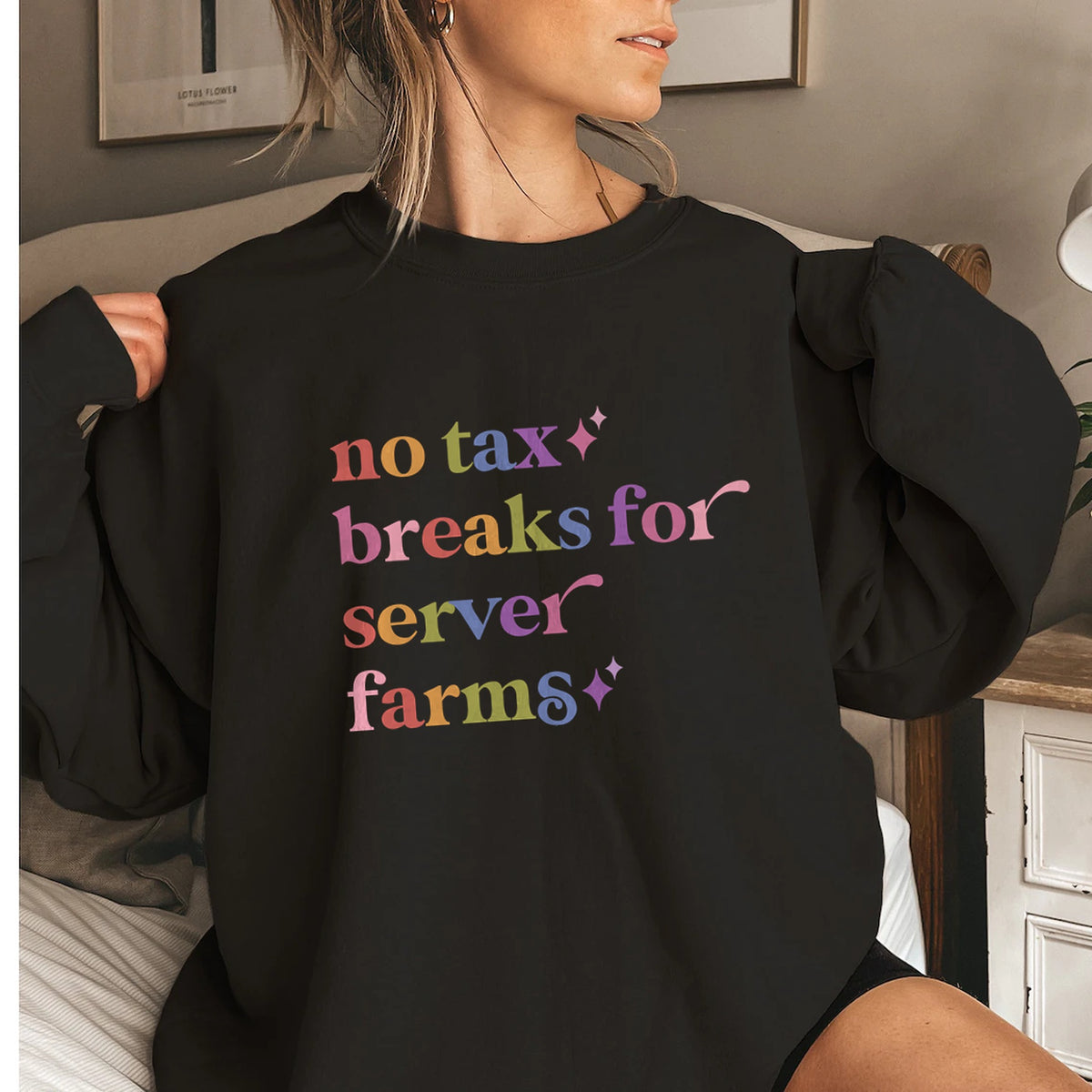No Tax Breaks for Server Farms Care & Resist Gildan crewneck sweatshirt in Black