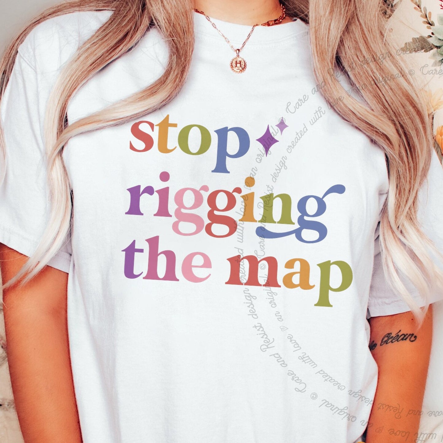Stop Rigging the Map Care & Resist rainbow Comfort Colors tee, White
