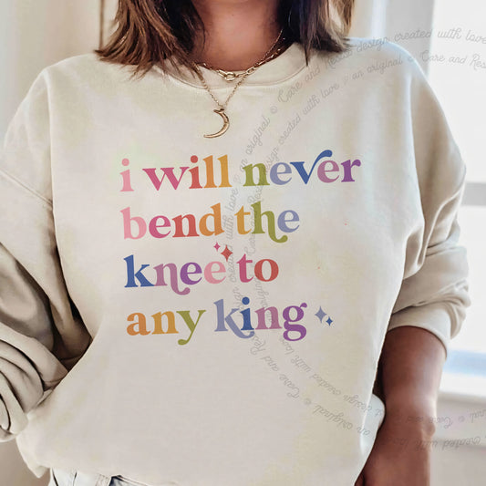 I Will Never Bend the Knee to Any King Care & Resist Gildan crewneck sweatshirt in Sand