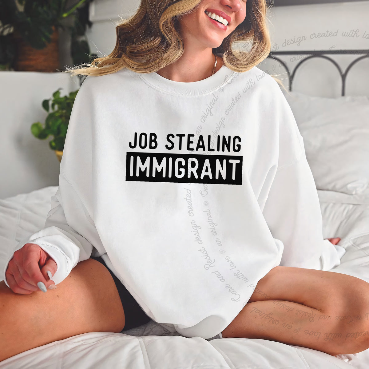 Job Stealing Immigrant Block Care & Resist Gildan crewneck sweatshirt in White
