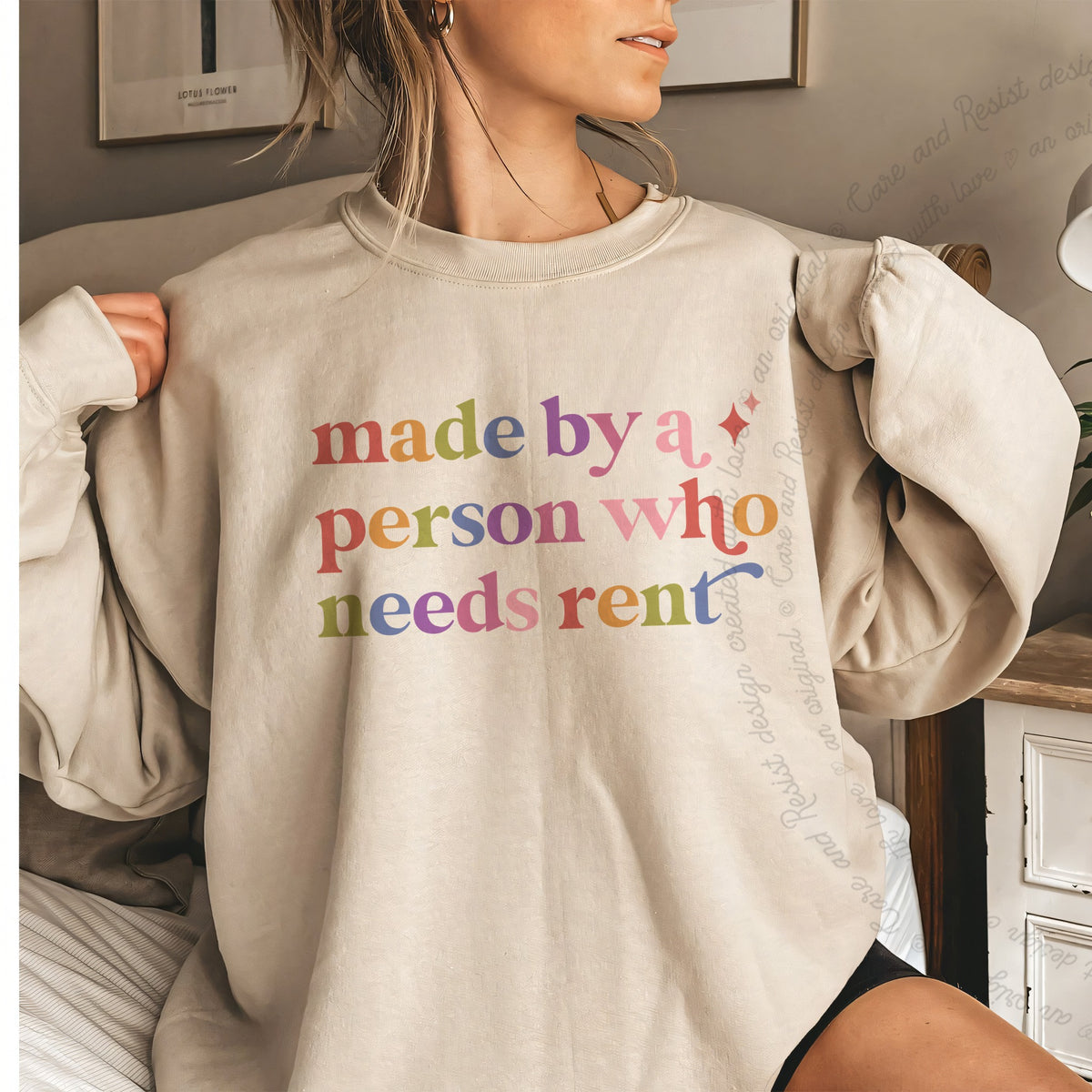 Made By a Person Who Needs Rent Care & Resist Gildan crewneck sweatshirt in Sand
